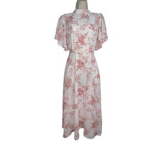 SHEIN WHITE PINK FLORAL MIDI HIGH NECK OPEN‎ TIE BACK WAIST TIE SHORT SLEEVES XS